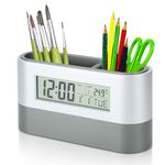 Pencil Holder, Pen Holder with Digital LCD Clock Calendar Timer Temperature Display for Home Office Desktop, 15 x 4.7 x 8cm