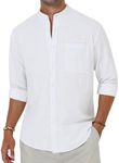 Alimens & Gentle Men's Cotton Linen Shirts Long Sleeve Button Down Shirt Band Collar Beach Shirts, All White, Large