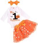 My First Halloween Baby Girl Outfit 3PCS Pumpkin Bodysuit + Tulle Skirt + Bow Headband Clothes Set (White & Orange, 6-12 Months)