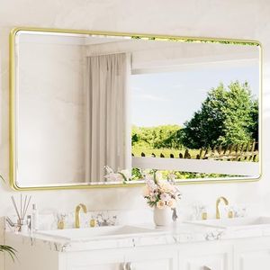 TETOTE Brushed Gold Framed Bathroom Mirror 72" x 36" Large Beveled Edge Tempered Glass, Round Corner Rectangle Bathroom Mirror for Modern Bathroom, Living Room, Bedroom, Entryway