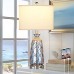 Ruzectt 25.5" Coastal Glass Table Lamps, 3-Way Dimmable Touch Control Bedside Lamps with 2 USB Ports and AC Outlet, Blue Nautical Nightstand Lamps for Bedroom Living Room (LED Bulbs Included)