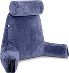 Husband Pillow Medium Dark Blue, Backrest for Kids, Teens, Petite Adults - Reading Pillows with Arms, Adjustable Loft, Plush Memory Foam, Bed Rest Chair Sitting Up, Detach Neck Roll, Removable Cover