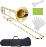 GarveeLife B Flat Alto Trombone for Beginners - Brass Trombone with Mouthpiece, Case, Cleaning Cloth, Gloves and Cleaning Rod, Professional Musical Instruments for Students - Gold Lacquer