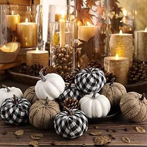Ywlake Pumpkin Fall Decorations, Decorative Large Small Outdoor Plaid Fabric Burlap Foam Plastic Fake Faux Artificial Pumpkins for Halloween Autumn Harvest Festival Home Table Decor 12pcs