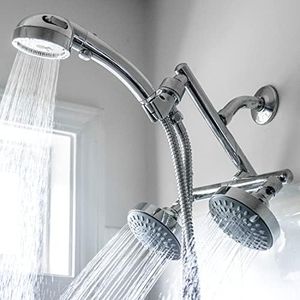Shower with Power High Pressure Double Shower Heads with Handheld Spray. Adjustable Ball Joint and Detachable Head with Pressure Control Valves for an Enjoyable Spa Bathing Experience.