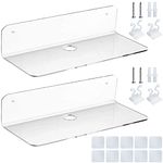 WeeGoo 2 Pcs Acrylic Floating Wall Shelf Self Adhesive 9 Inch No Drill Shelves Small, Stick on Shelves Damage Free Expand Wall Space, Clear Small Wall Shelf with Cable Clips and Stick on