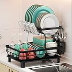 MOUKABAL Dish Drying Rack, Dish Rack,Drying Rack Kitchen with Drainboard,Dish Drainer with Removable Utensil Holder and Swivel Spout(Black,2 Tier)