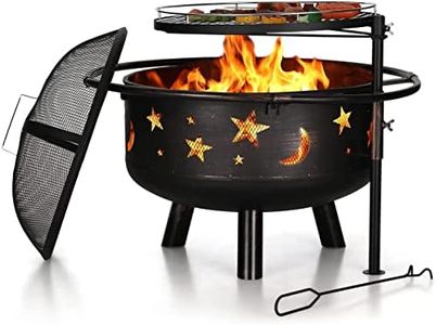 Wood Burning Fire Pit for Outside 30 Inch Outdoor Firepit with Cooking Grate Large Round Fire Pit Bowl with Poker & Spark Screen for Patio Lawn Backyard BBQ,Star & Moon Cutouts Pattern