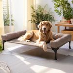 Veehoo Elevated Raised Dog Bed with Removable Bolster for Large Sized Dogs-Outdoor Dog Cots Bed Raised Cooling Pet Cot with Washable Mesh, Dog Sofa Hammock Bed with No-Slip Feet-107x76 cm Beige Coffee