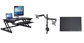 Rocelco 37.5" Deluxe Height Adjustable Standing Desk Converter with Dual Monitor Mount and Anti Fatigue Mat Bundle - Sit Stand Up Computer Workstation Riser - Keyboard Tray - Black (R DADRB-DM2-MAF)