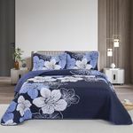 DJY 3 Pieces Quilt Set King Navy Blue Floral Pattern Quilt Coverlet Set Gorgeous Boho Bedspread with 2 Pillow Cases Cozy Microfiber Botanical Bedding Quilt Set for Teens Adults 104"x 90"