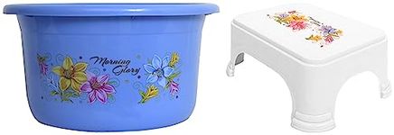 Kuber Industries Bath Tub/Washing Tub|Unbreakable Plastic Tub|Multipurpose Tub for Bathroom|Capicity 25 LTR|Blue & Kuber Industries Floral Print Plastic Bathroom Stool, White-KUBMART10868