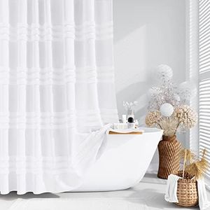 Dynamene Extra Wide Shower Curtain - 180x72 Inches Width Tufted Chenille Striped Fabric Shower Curtains for Bathroom, Farmhouse Shabby Chic Waterproof Cloth Shower Curtain Set with 32 Hooks, White