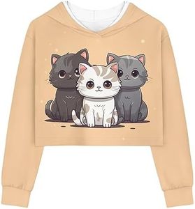 HELLHERO Teen Little Girls Crop Top Size 5-14 Years Old Cropped Hoodie Sweatshirt, Cat, 7-8 Years