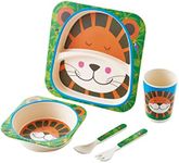 5-Pieces Kids Dinner Set of Plate, Bowl, Cup, Fork and Spoon with Animal Print, Tableware Set Perfect for Children, 5pcs Bamboo Fibre Kids Cutlery Set,D