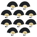 FANSOF.FANS Pack of 10 Fabric Handheld Fan with a Tassel Grade A Bamboo Ribs Party Wedding Favour (Black)