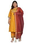 VredeVogel Women's Cotton Blend Embroidered Plus Size Kurta with Pant & Chanderi Dupatta Set (Yellow_6XL)