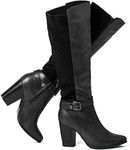 katliu Women's Heeled Knee High Boots Zip Up High Chunky Heeled Boots Black