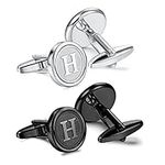 Drperfect Cufflinks For Men Engraved Initials Cufflinks Silver Black Set Stainless Steel Tuxedo Shirt Cuff Links Letter Alphabet A-Z Gift With Box For Wedding,Dad,Groom,Groommen,Husband H