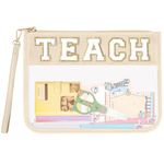 Chenille Letter Clear Bag Purse, Clear Zipper Pouch with Wristlet, Beige, TEACH