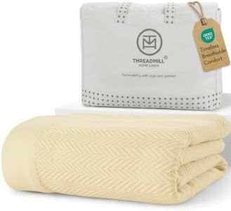 Threadmill Vanilla Cream 100% Combed Cotton King Size Blanket, All-Season Soft Breathable Light Weight Herringbone Throw