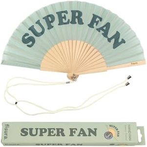 Fisura - Original hand fan with the message "Superfan". Modern and fun fan. Green folding fan. Dimensions: 42.5 x 23 cm. Material: wood and textile.