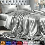 DECOLURE Striped Satin Sheets Full Set 4pc - Luxurious Silk Touch Satin Sheets Full - All-Season Silky Soft Full Size Bed Sheets - Gray Satin Sheets Full Set w/Deep Pocket Full & Pillowcase (Grey)