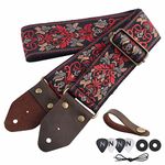 Nefelibata Guitar Strap,Jacquard Embroidery Cotton Guitar Straps with Crazy Horse Leather Leather Ends for Bass, Electric & Acoustic, Best Gifts for Kids, Guitarists(Retro Red Flower)