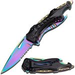 TAC Force Spring Assisted Folding Pocket Knife – Rainbow TiNite Coated Stainless Steel Blade with Black Aluminum Handle, Bottle Opener, Glass Punch and Pocket Clip, Tactical, EDC, Rescue - TF-705RB