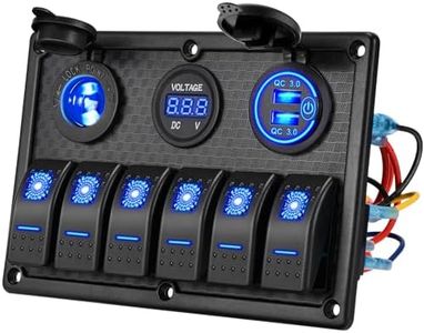 Kohree 6 Gang Marine Boat Rocker Switch Panel Waterproof + USB Switch, 12 Volt RV Led Switch Panel for Marine Boat Car Truck, Digital Voltmeter Display QC3.0 Dual USB Charger Port DC 12V Socket 12/24V