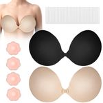 Women's Backless Adhesive Bra, 2 Pack Strapless Push Up Bra with Invisible Bra and Nipple Covers for Evening Dresses and Backless Dresses, Washable and Reusable (Beige and Black, B)