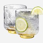 Khen Gatsby Tumbler Drinking Glassware | Set of 2 | Art Deco Ripple Gold Plated Tumblers For Cocktails, Water, Juice, Whiskey Crystal Drinking Glasses, Curved Arch Vintage Patterned Design 13 OZ