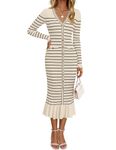 ZESICA Women's Striped Sweater Dress 2024 Fall Long Sleeve V Neck Button Slim Fit Elegant Knit Dresses, Apricot, Large