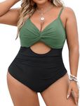 Blooming Jelly Womens Plus Size Bathing Suit V Neck One Piece Swimsuits Cutout Front Full Coverage Swimwear (X-Large,Green and Black)