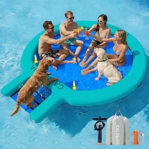 CALOBANA 10FT Water Hammock with Ramp, Inflatable Round Floating Ring with Ladder for Adults Pets, Heavy Duty Floating Dock with Dog Ramp Cup Holder Tanning Raft for Lake, River, or Boat Party