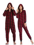 COLORFULLEAF Couples Matching Christmas Pajamas for Family Hoodie Fleece Onesie Plaid Union Suit Full Zipper Jumpsuits, A2new Red Hooded-womens, Small