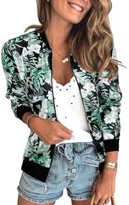 ECOWISH Women's Casual Floral Zip Up Bomber Jacket Coat Crew Neck Lightweight Short Camo Outwear Tops Windbreaker with Pocket 333Black Small