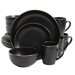 Gibson Home Rockaway Round Stoneware Dinnerware Set, Service for 4 (16pcs), Black/Gold Rim