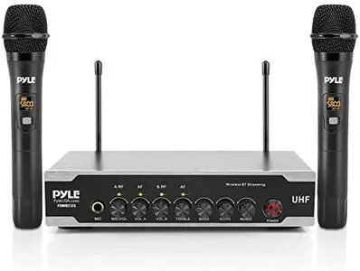 Pyle Portable Uhf Wireless Microphone System - Battery Operated Dual Bluetooth Cordless Microphone Set, Includes 2 Handheld Transmitter mic, Receiver Base, Aux, RCA, for PA Karaoke DJ Party -PDWM2125