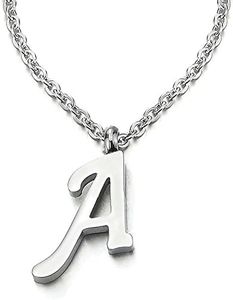 COOLSTEELANDBEYOND Nom Initial Lettre Alphabétique A Pendentif - Collier pour Femmes Homme - Acier - Couleur Argent - 50cm Corde Chaîne