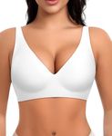 Ganado Wireless Seamless Bras for Women V Neck Wirefree Bras Padded T-Shirt Bra Support Bralette with Extra Bra Extender (White, Medium)