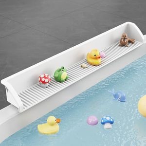 NFETLLD 3 Ft Bathtub Splash Guard for Tub Kids, Bath Tub Toy Holder Storage Play Shelf, Longer Silicone Water Splash Guard for Bathtub with Strong Suction Cups, No Mess Water Spill in Bathroom, White