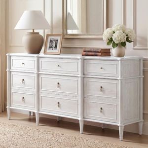 STO'SENSE 63" 9-Drawer Dresser with Power Outlet, Architectural Wood Storage Chest with Framed Drawers, Vintage Metal Pulls and Solid Wood Tapered Legs, Long Bedroom Dresser TV Stand,White