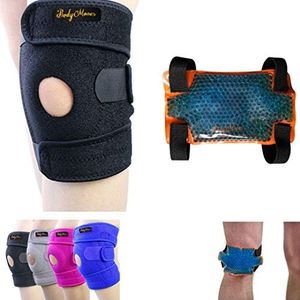 BodyMoves Kid's Knee Brace Support Plus Hot and Cold Ice gel Pack for stabilizing patella meniscus tear ligament injury prevention (Black)