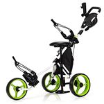 Tangkula Golf Push Pull Cart with Seat, Lightweight Folding 3 Wheels Trolley W/Storage Bag, Foot Brake, Adjustable Umbrella Holder & Seat, 4 Height Position Handle (Green)