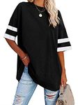 Famulily Striped T Shirt Casual Round Neck Half Sleeve T Shirt Women Loose Fitting Baseball Tops Black XL