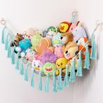 Stuffed Animal Hammock, Toy Organizers and Storage Net for Girls Boys Plushie Stuffie, Boho Wall Hanging Holder for Corner with Tassels For Bedroom, Playroom, Toddler Room, Light Blue
