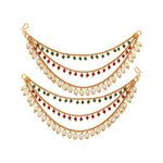 Zeneme Women's Gold Plated Long Hair Red Green Bahubali Golden Pearl Chain Jewellery Earring (Multi)