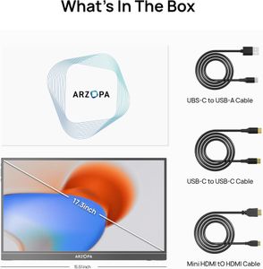 ARZOPA 17.3" Portable Monitor – FHD HDR IPS, USB-C/HDMI, Kickstand