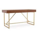 HOMES: Inside + Out Lizon Modern 60 Inch Wood Desk with Drawers, Office Table with Storage, Vanity Without Mirror for Bedroom, Study Room, Dorm, 60-inch, Light Walnut Brown and Gold